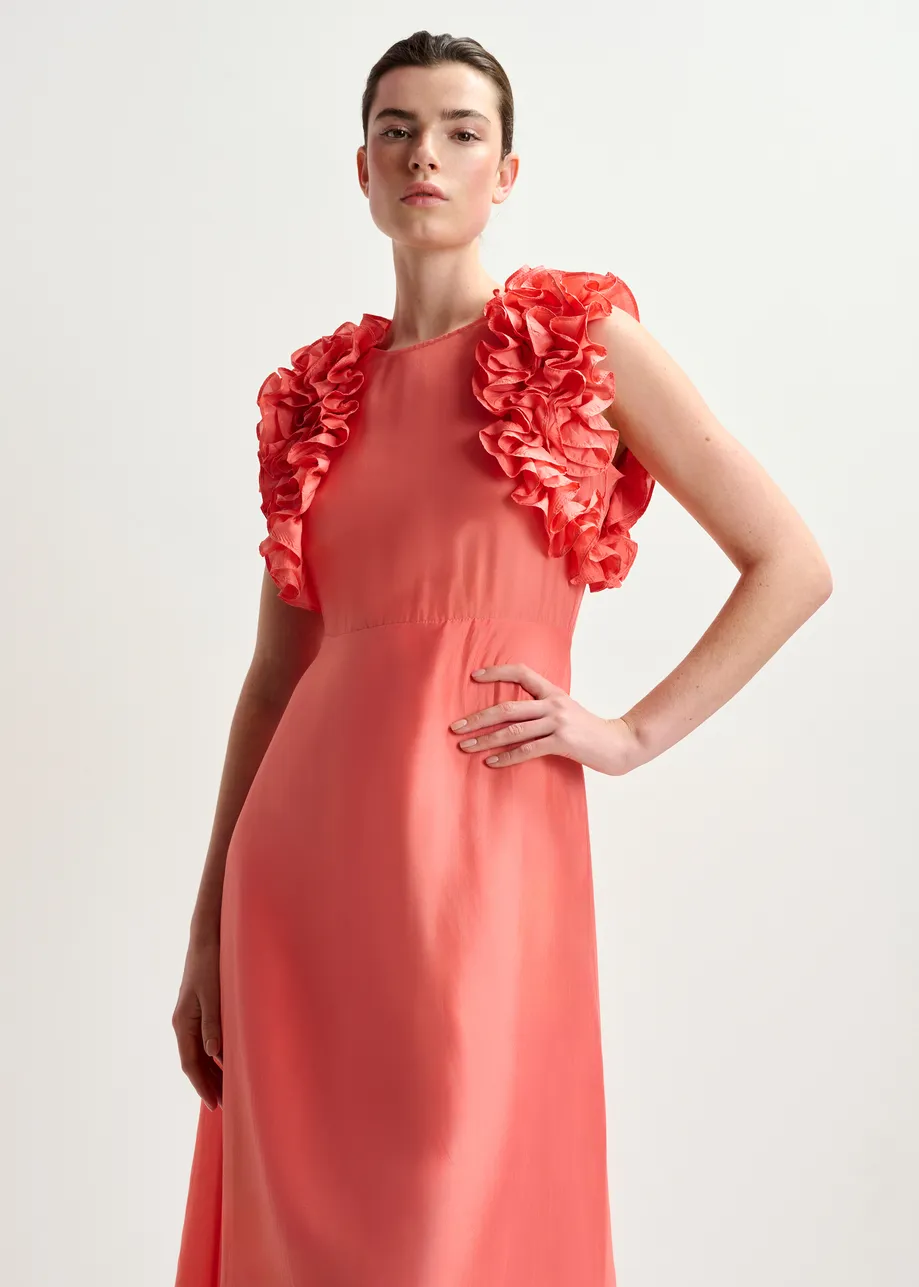 Coral silk floral-print midi dress with ruffles