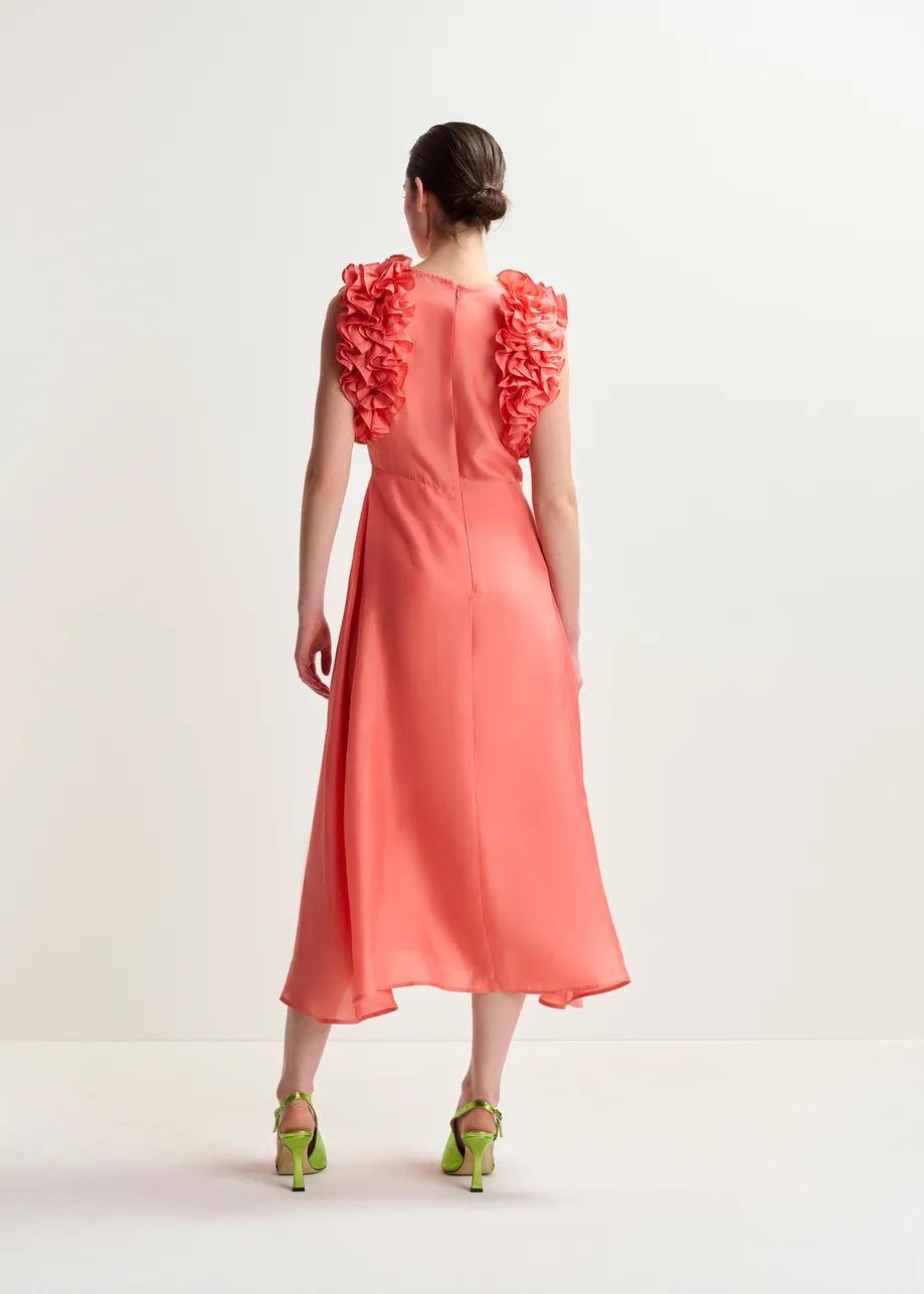 Coral silk floral-print midi dress with ruffles