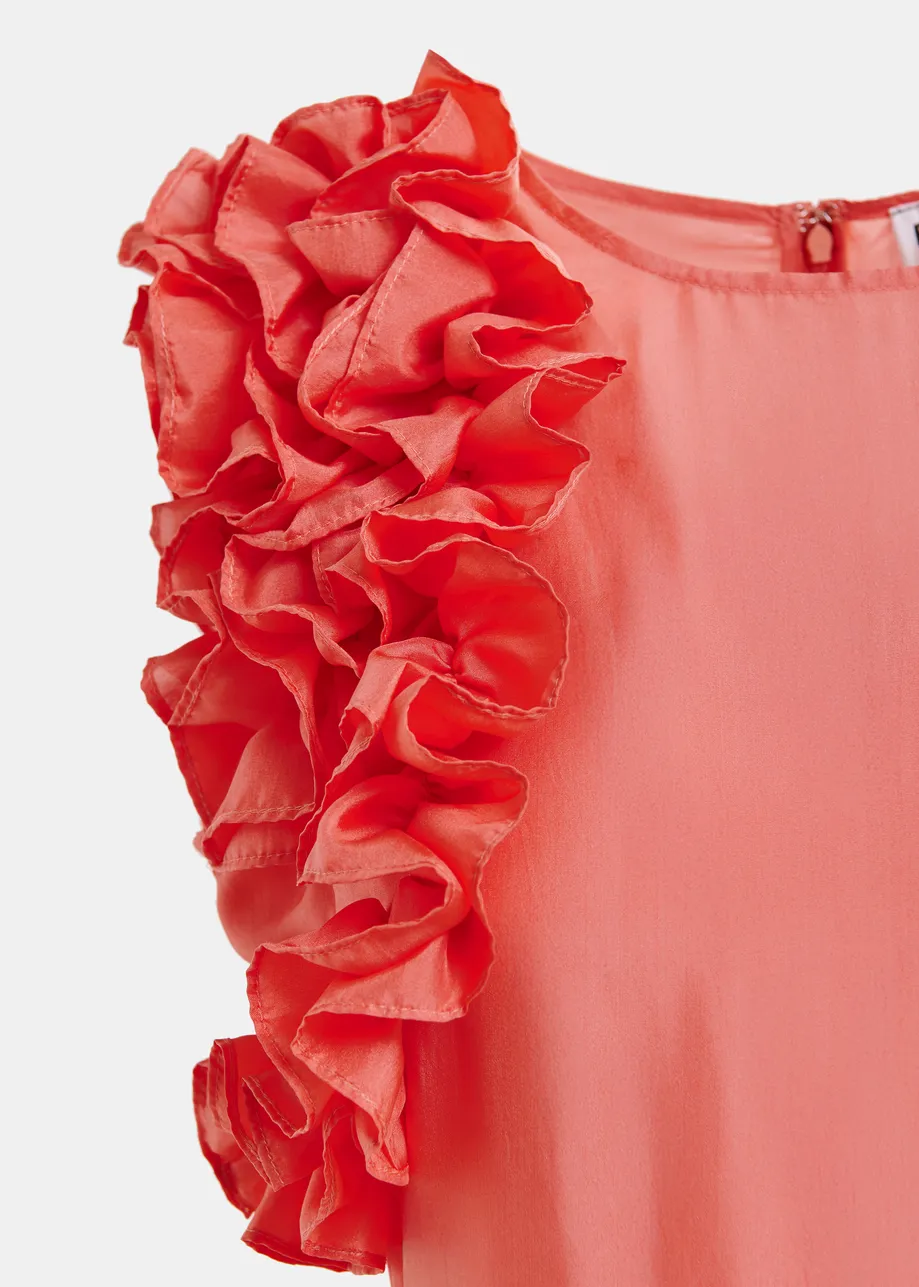 Coral silk floral-print midi dress with ruffles