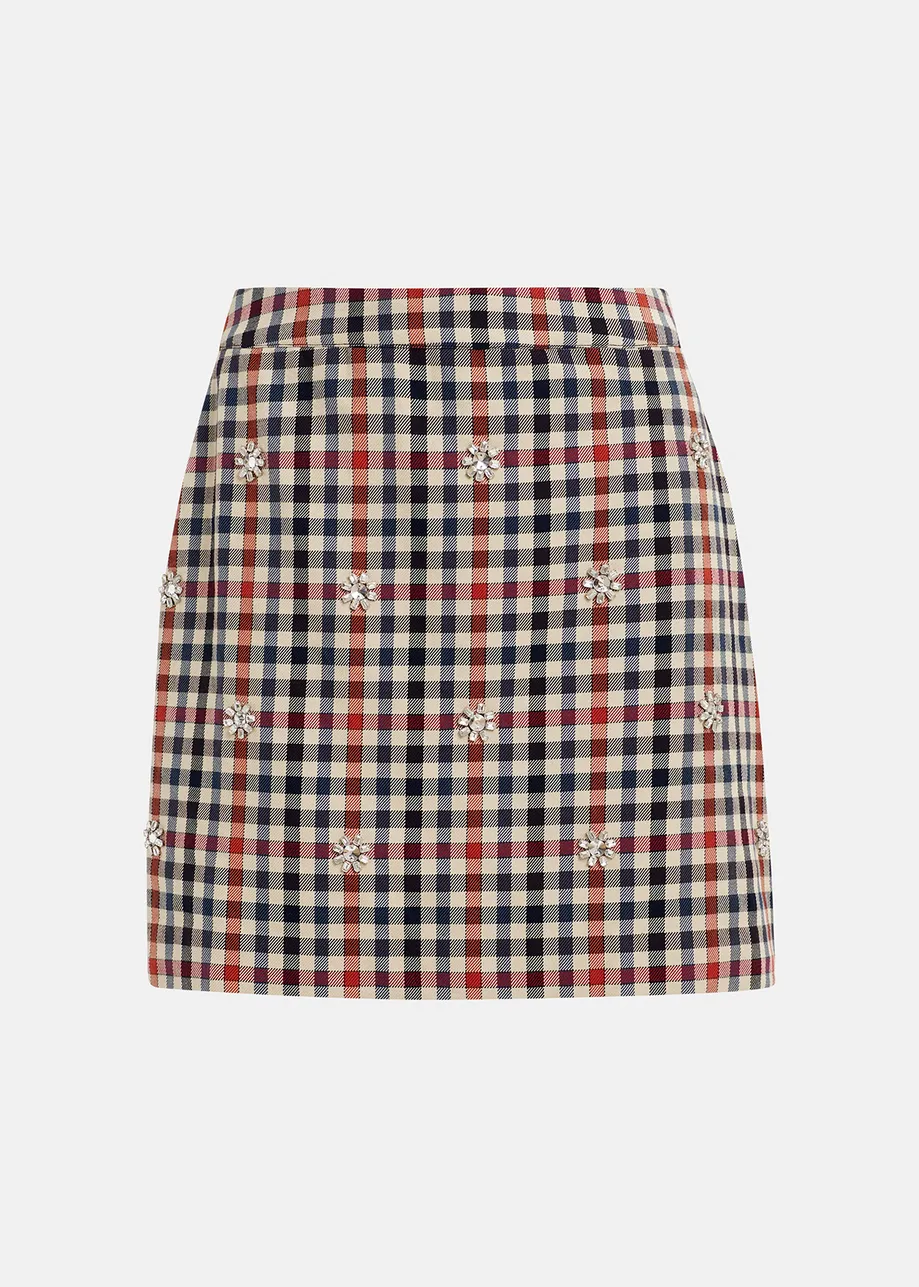 Dark blue, beige and red checkered miniskirt with rhinestone embellishments