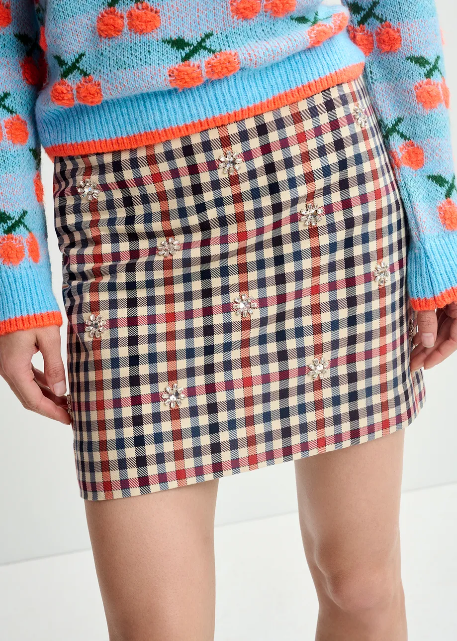 Dark blue, beige and red checkered miniskirt with rhinestone embellishments