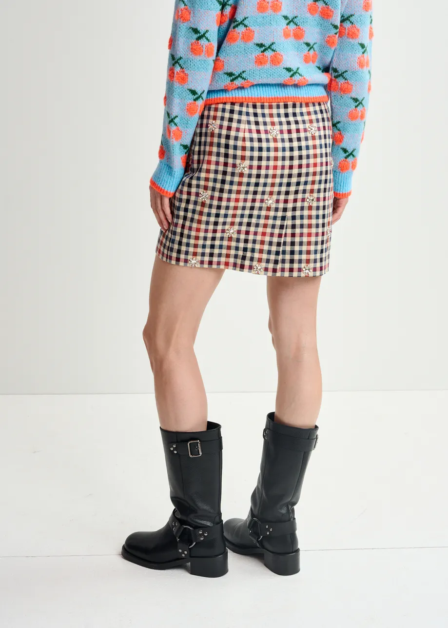 Dark blue, beige and red checkered miniskirt with rhinestone embellishments