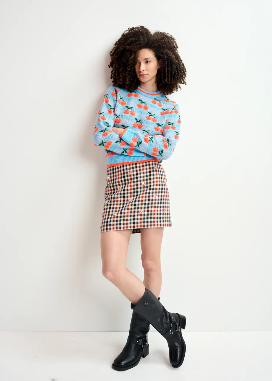 Dark blue, beige and red checkered miniskirt with rhinestone embellishments