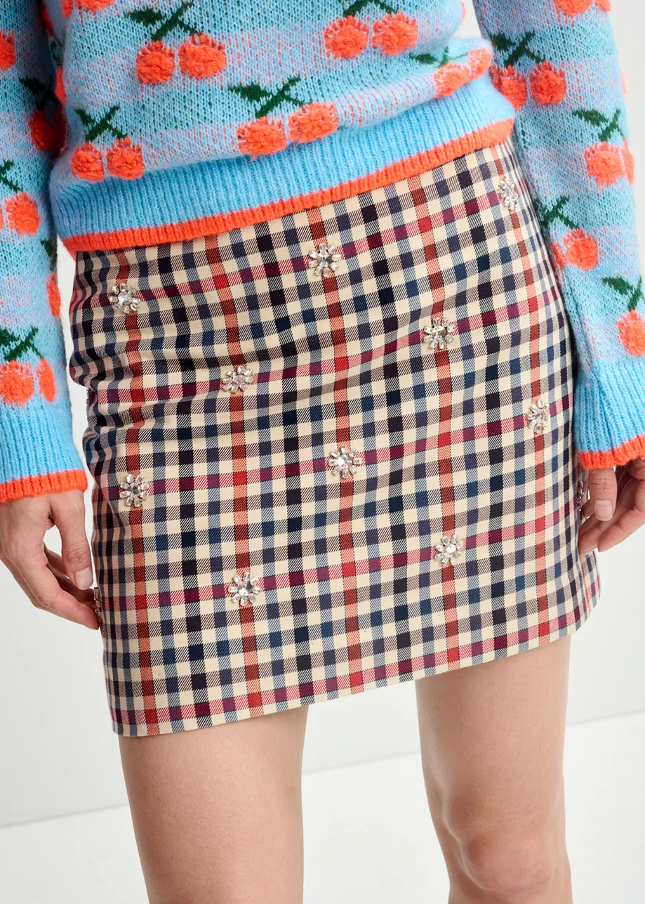 Dark blue, beige and red checkered miniskirt with rhinestone embellishments
