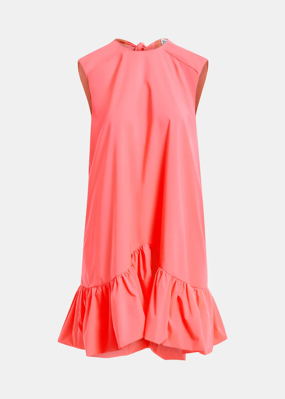 Coral ruffled mini dress with open-back and bow detail