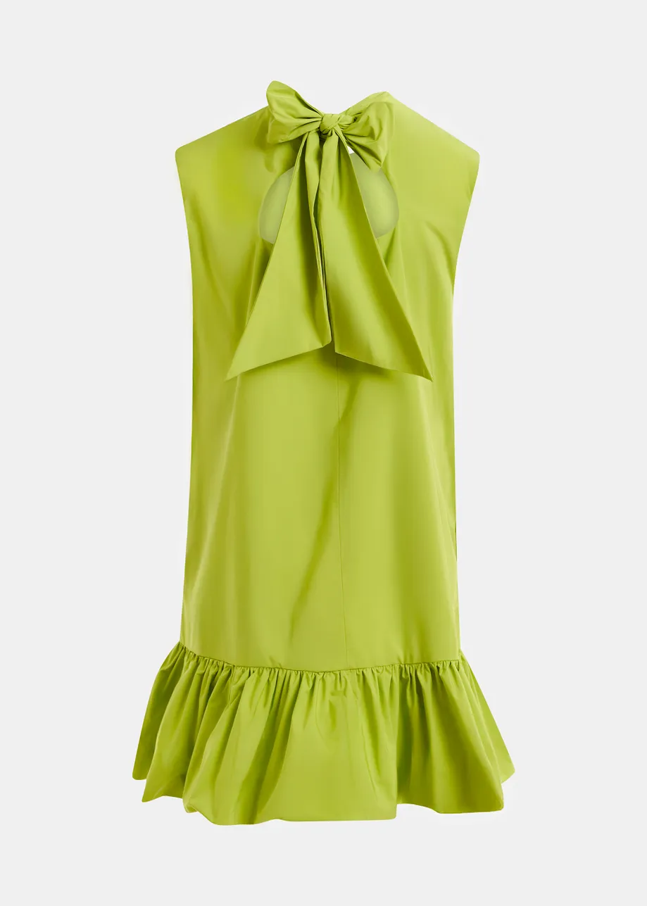 Green ruffled mini dress with open-back and bow detail