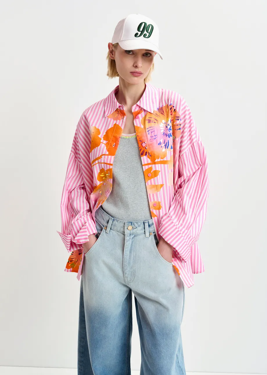 Red, white and orange striped cotton shirt 