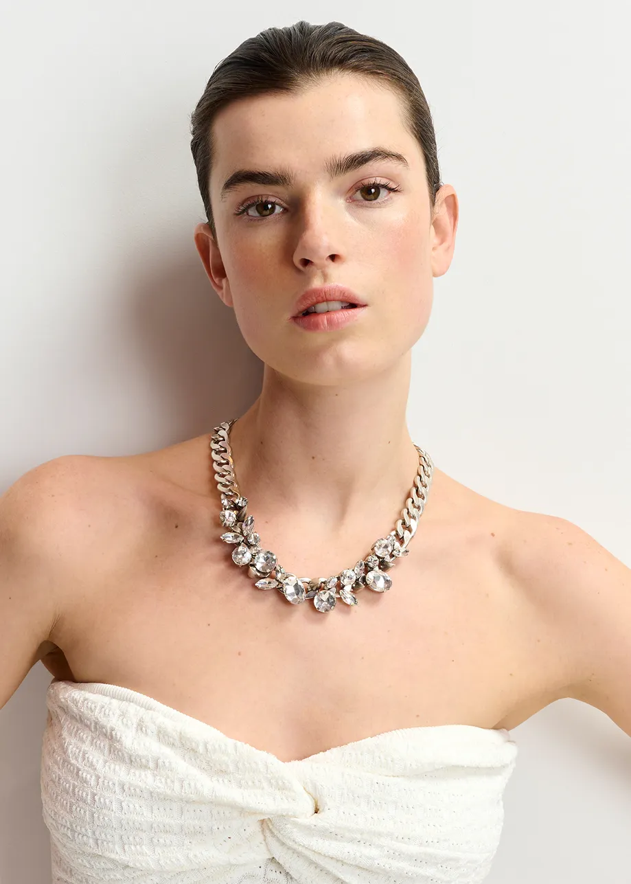 Silver-tone chain necklace with rhinestones