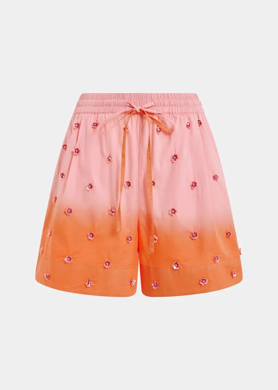 Pink and orange ombré shorts with sequin and bead flower embellishments