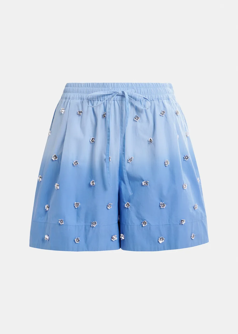 Light and dark blue ombré shorts with sequin and bead flower embellishments