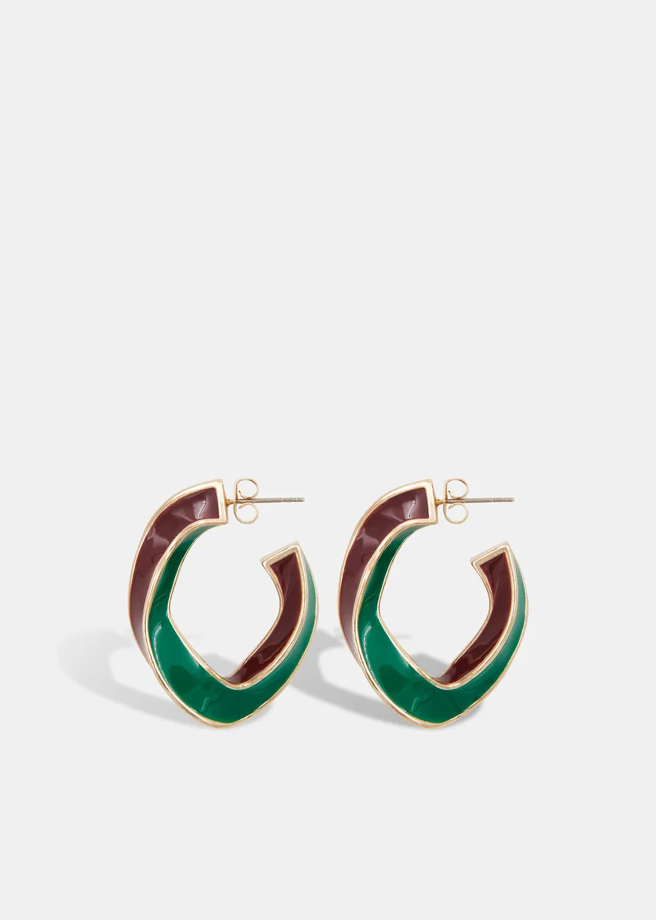 Gold, brown and dark green twisted bicolour hoop earrings