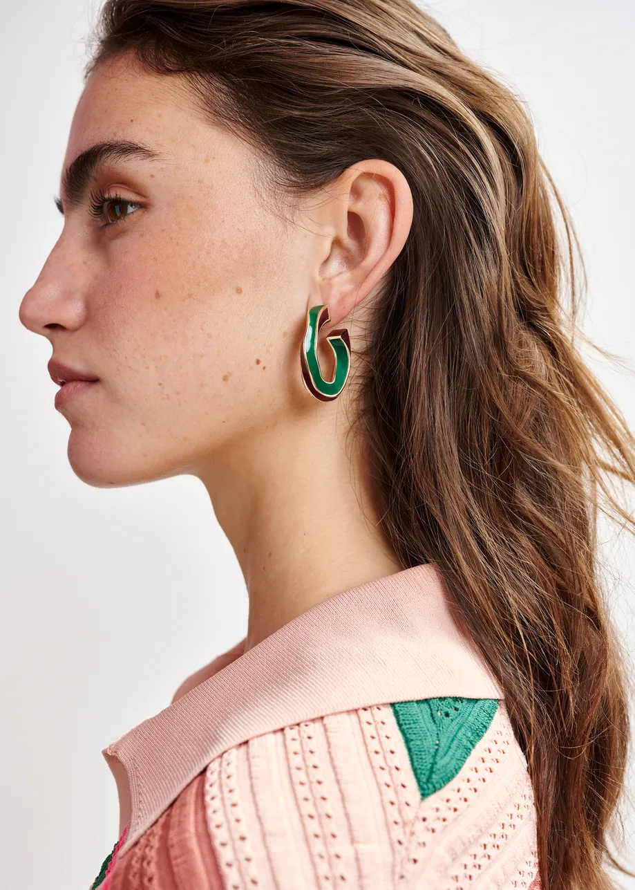 Gold, brown and dark green twisted bicolour hoop earrings