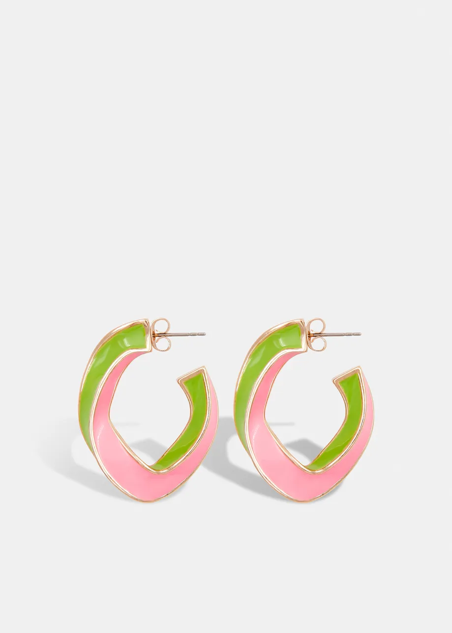 Gold, light green and light pink twisted bicolour hoop earrings