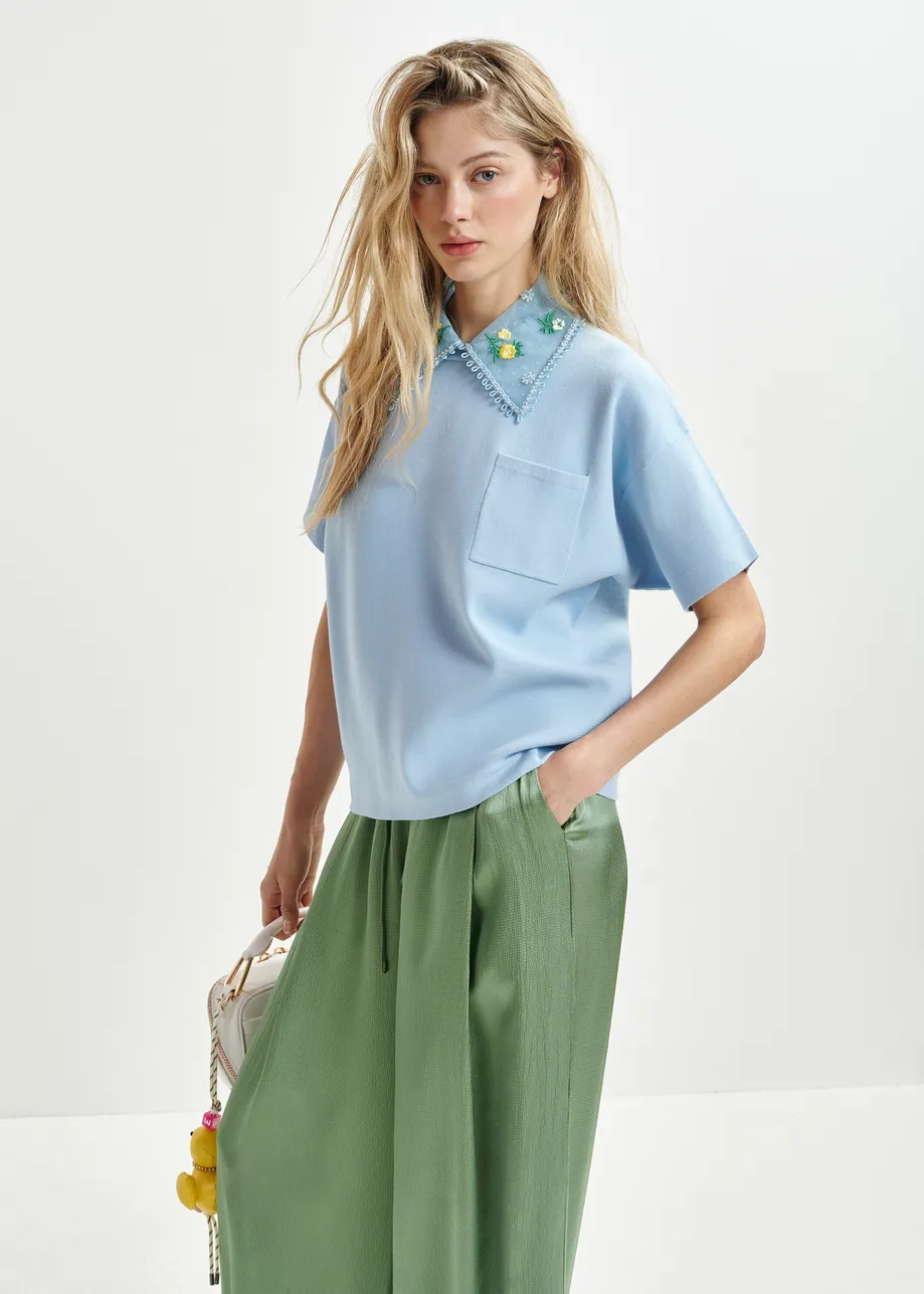 Light blue, green and yellow knitted top with embroidered lace collar