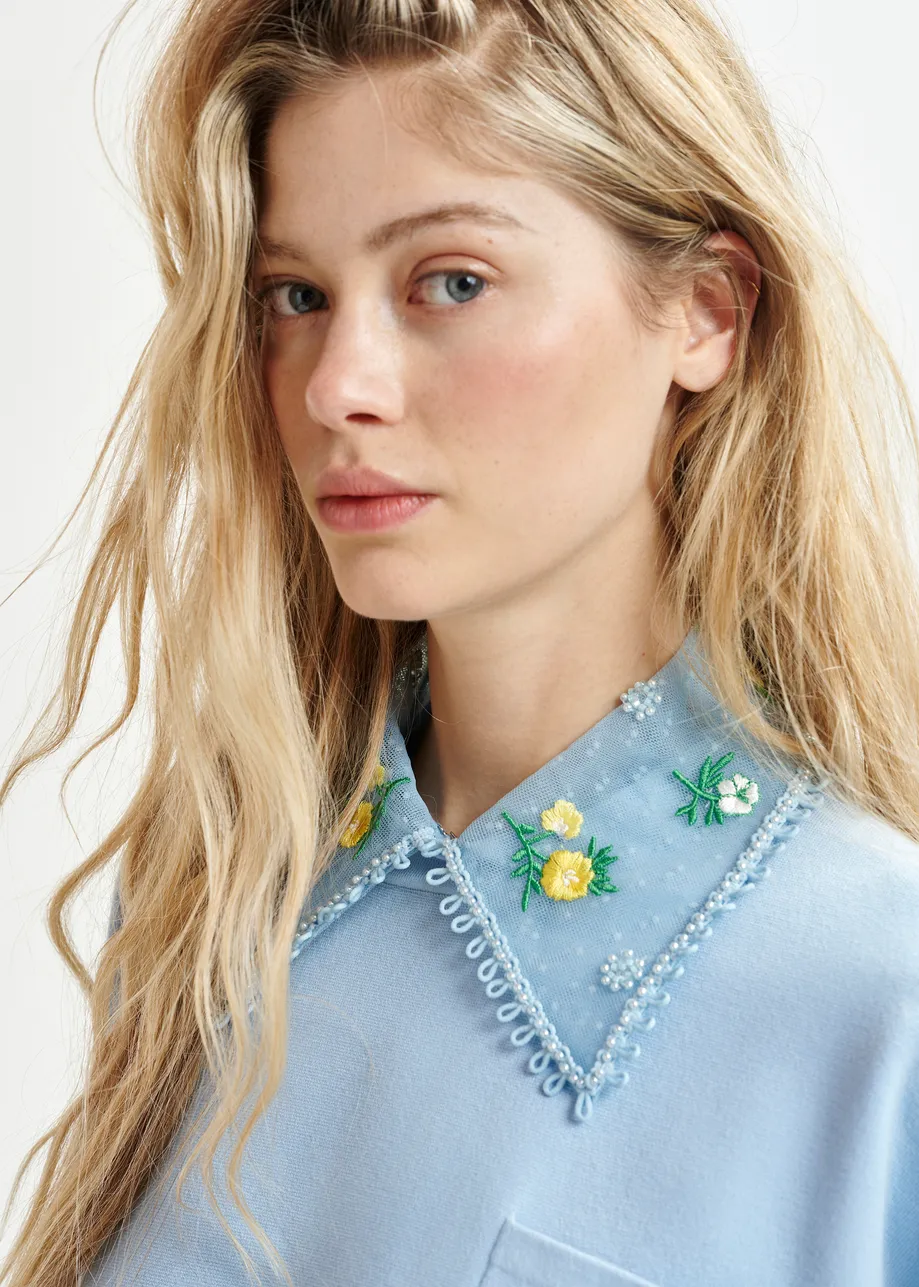 Light blue, green and yellow knitted top with embroidered lace collar