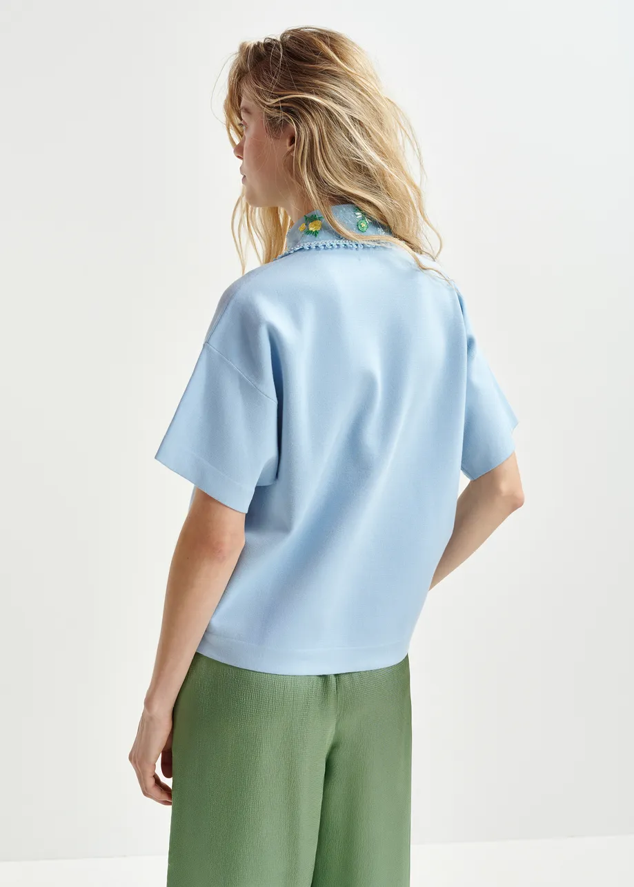 Light blue, green and yellow knitted top with embroidered lace collar