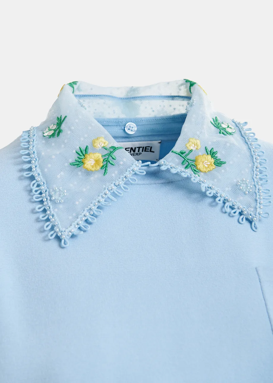 Light blue, green and yellow knitted top with embroidered lace collar