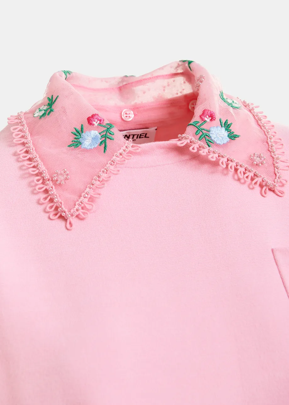 Pink, green and blue knitted top with embroidered lace collar