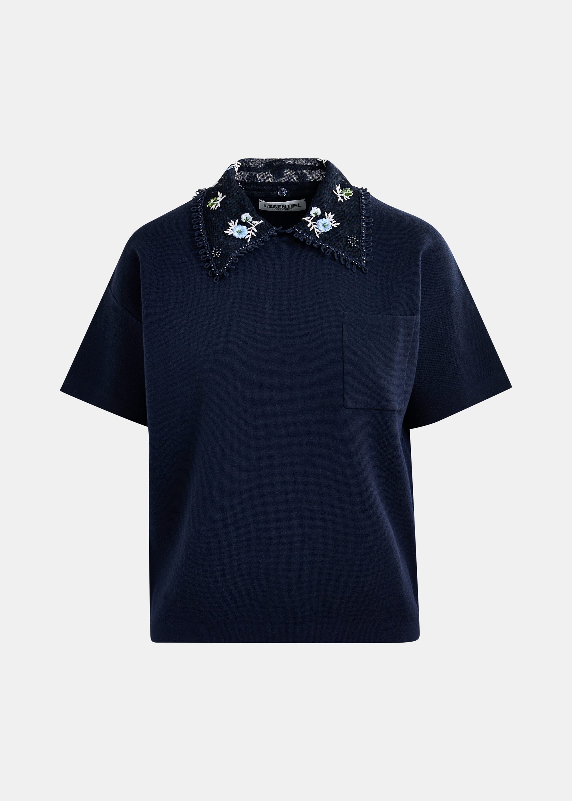 Dark blue, white and green knitted top with embroidered lace