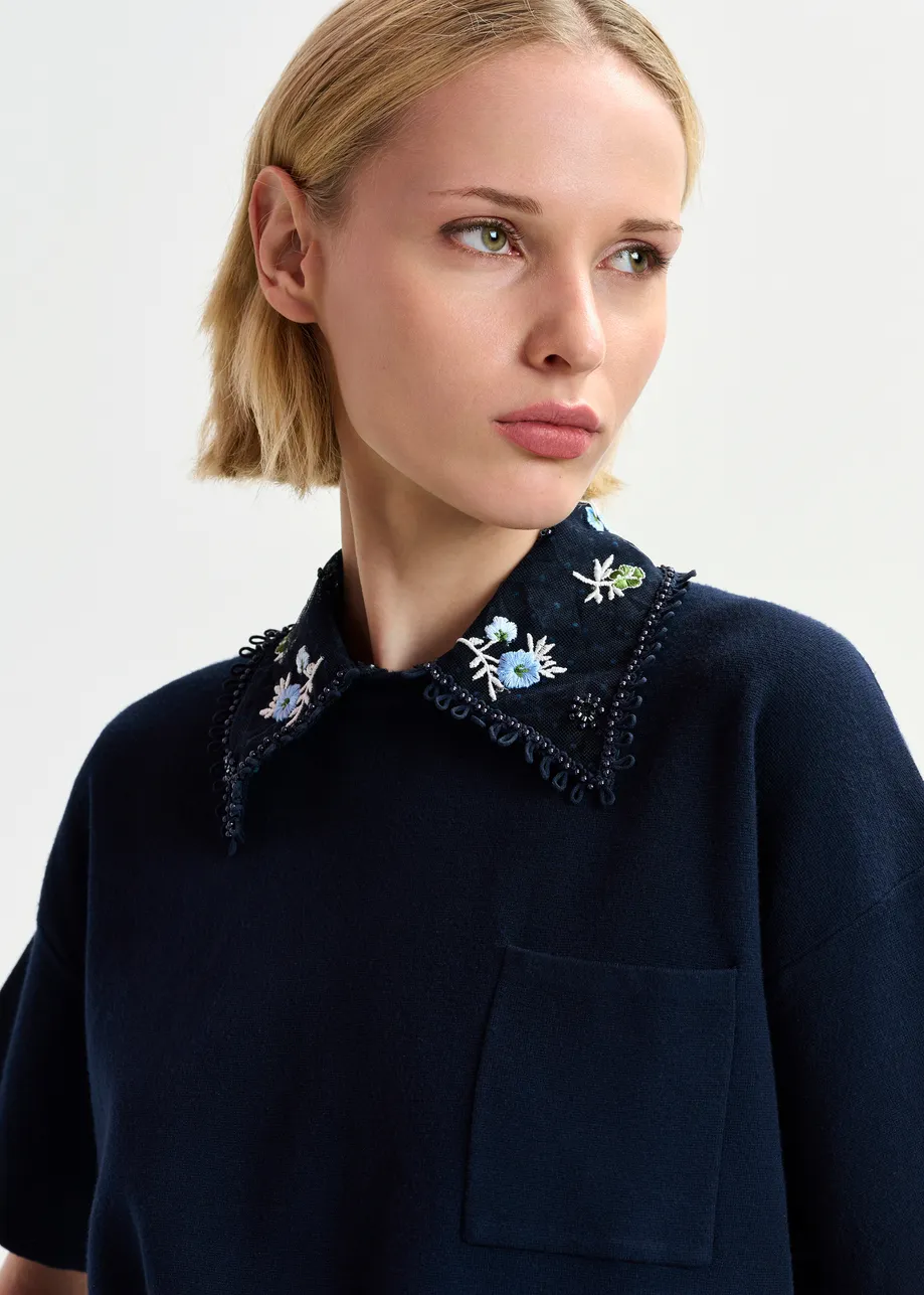 Dark blue, white and green knitted top with embroidered lace collar