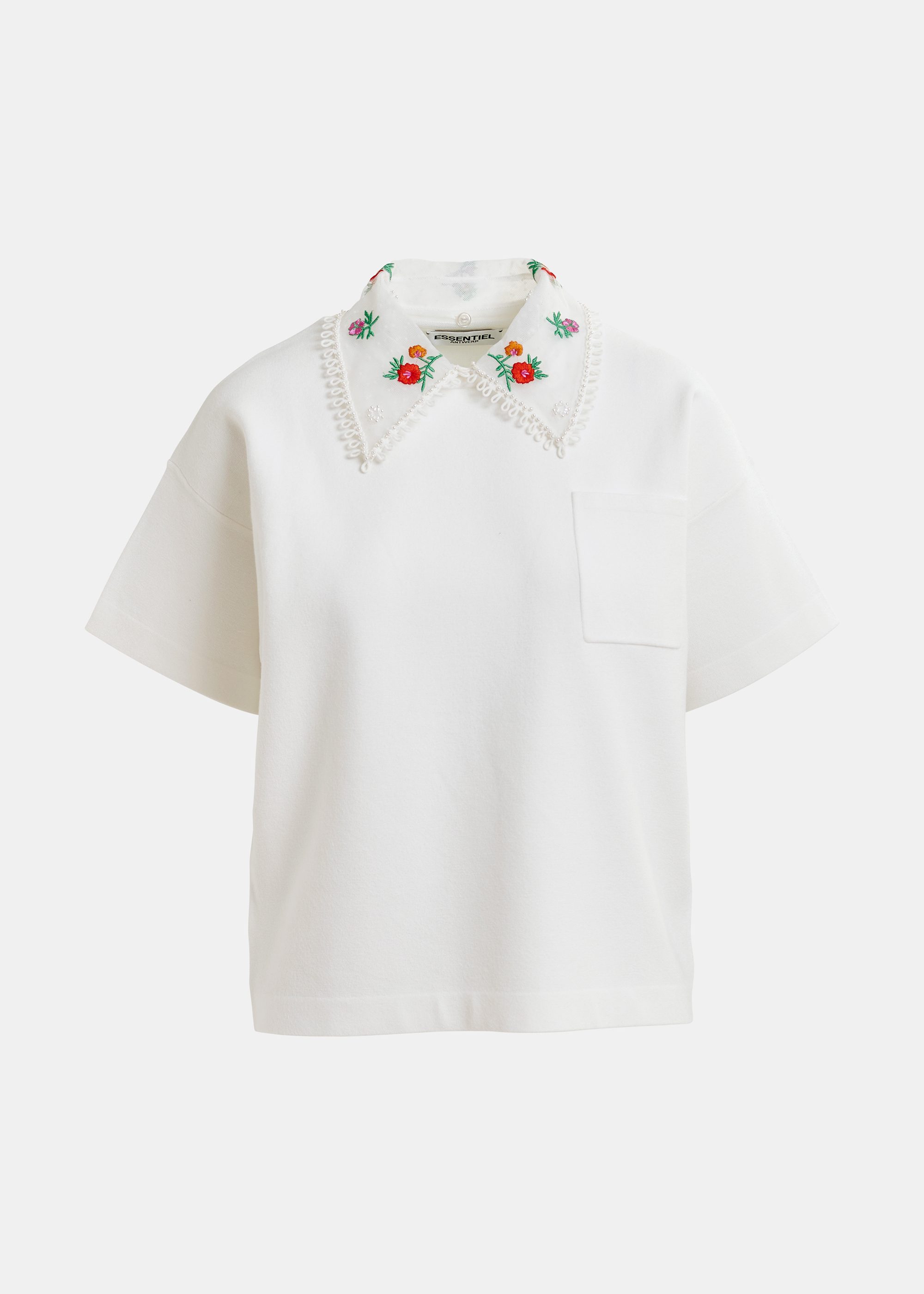 White, green and red knitted top with embroidered lace collar