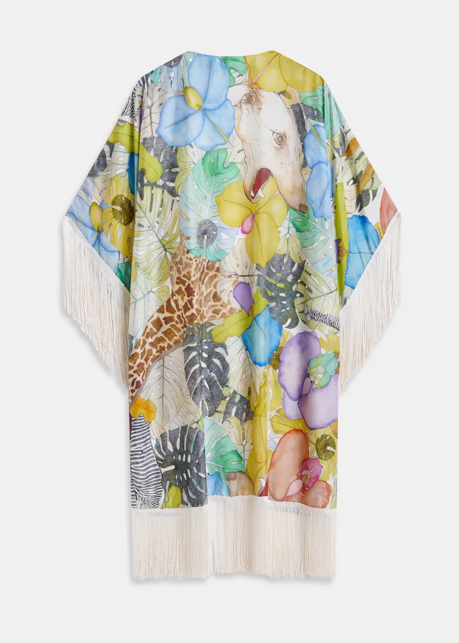 Multicolor silk kimono with fringe details