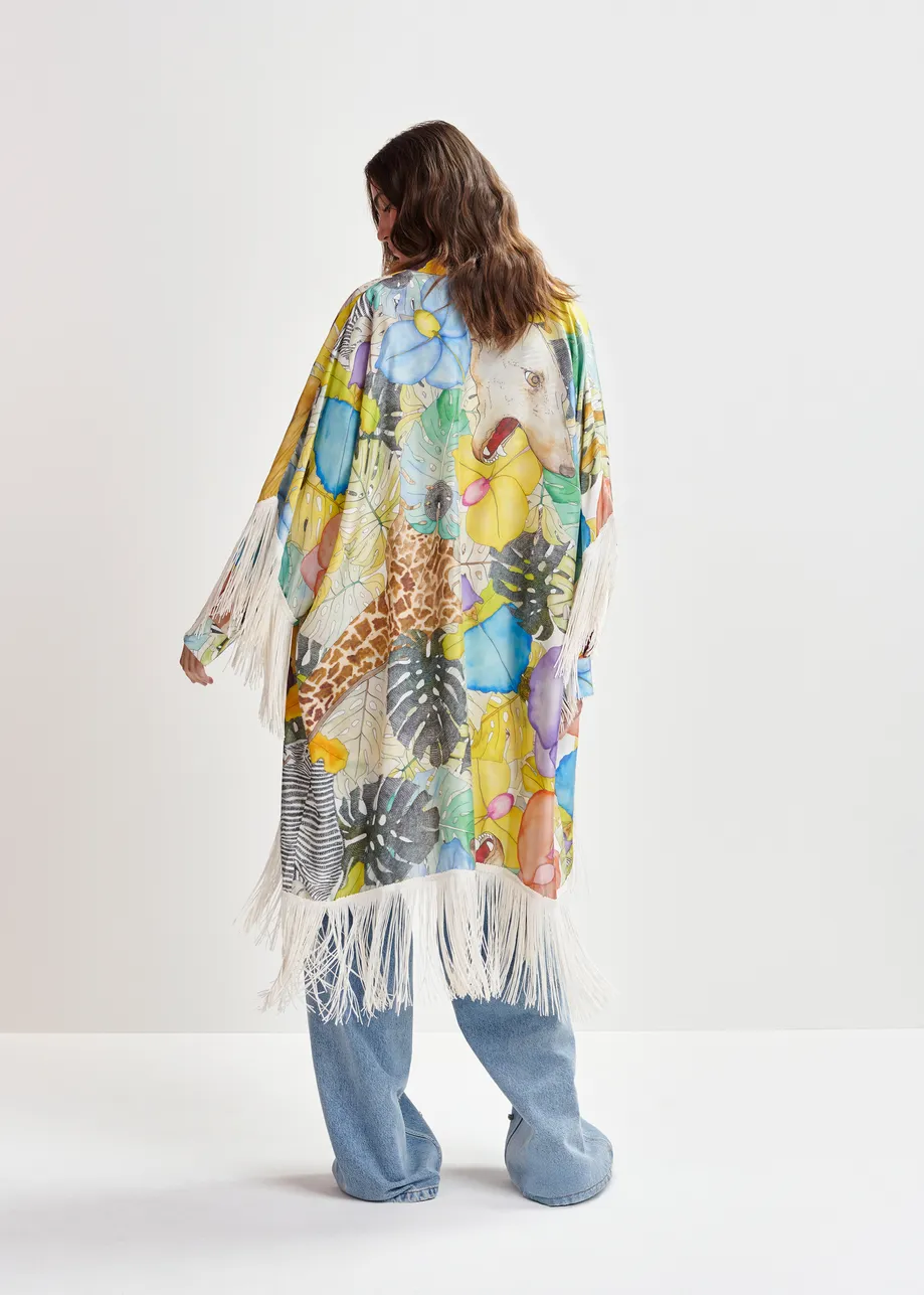 Multicolor silk kimono with fringe details