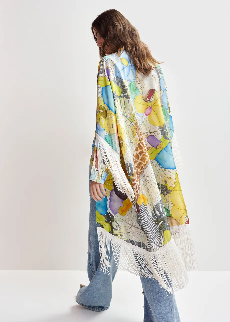 Multicolor silk kimono with fringe details
