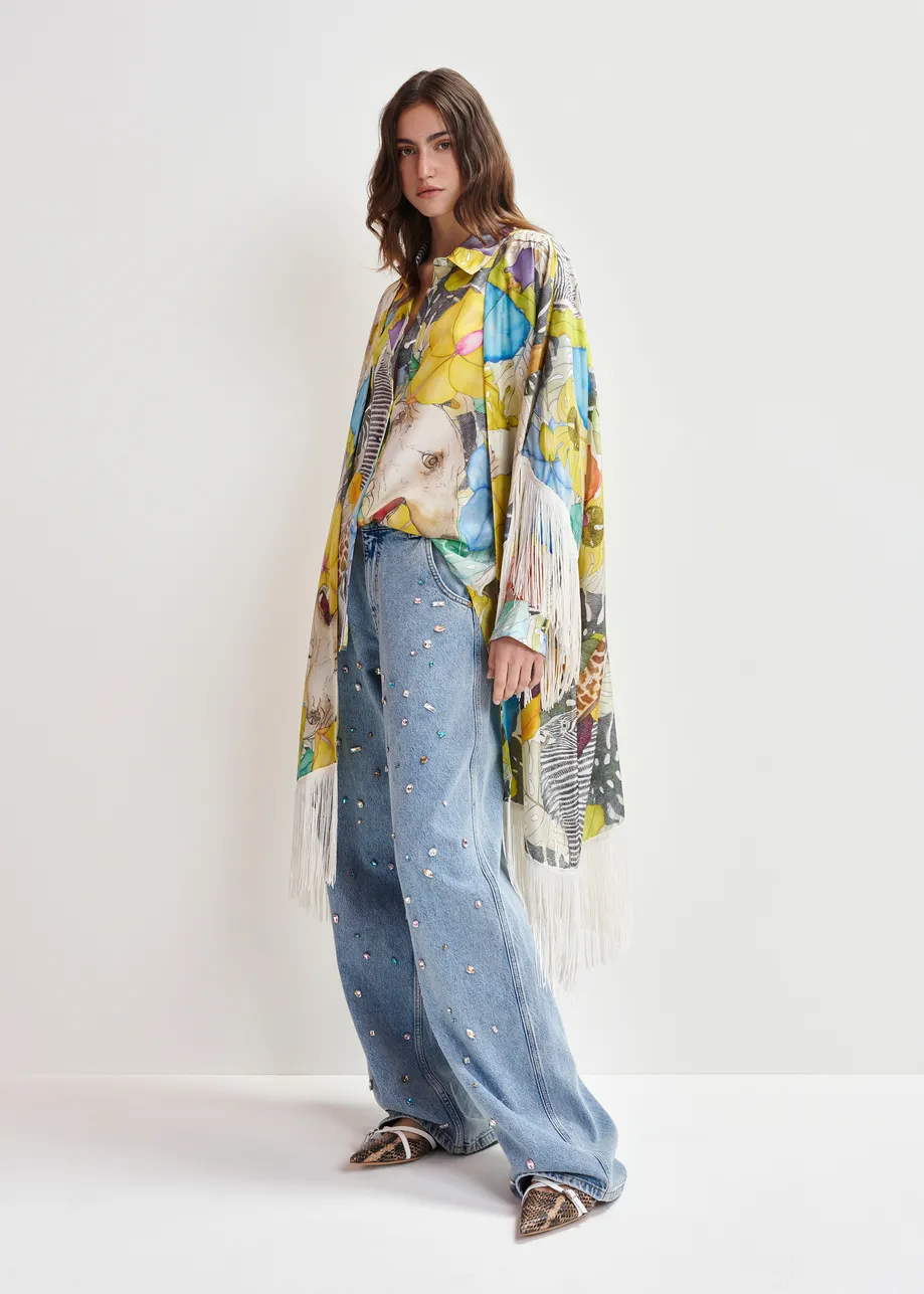 Multicolor silk kimono with fringe details