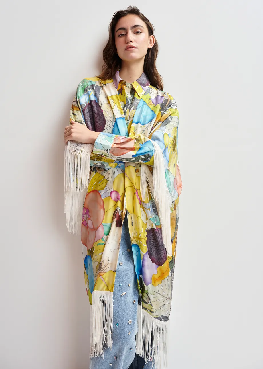 Multicolor silk kimono with fringe details