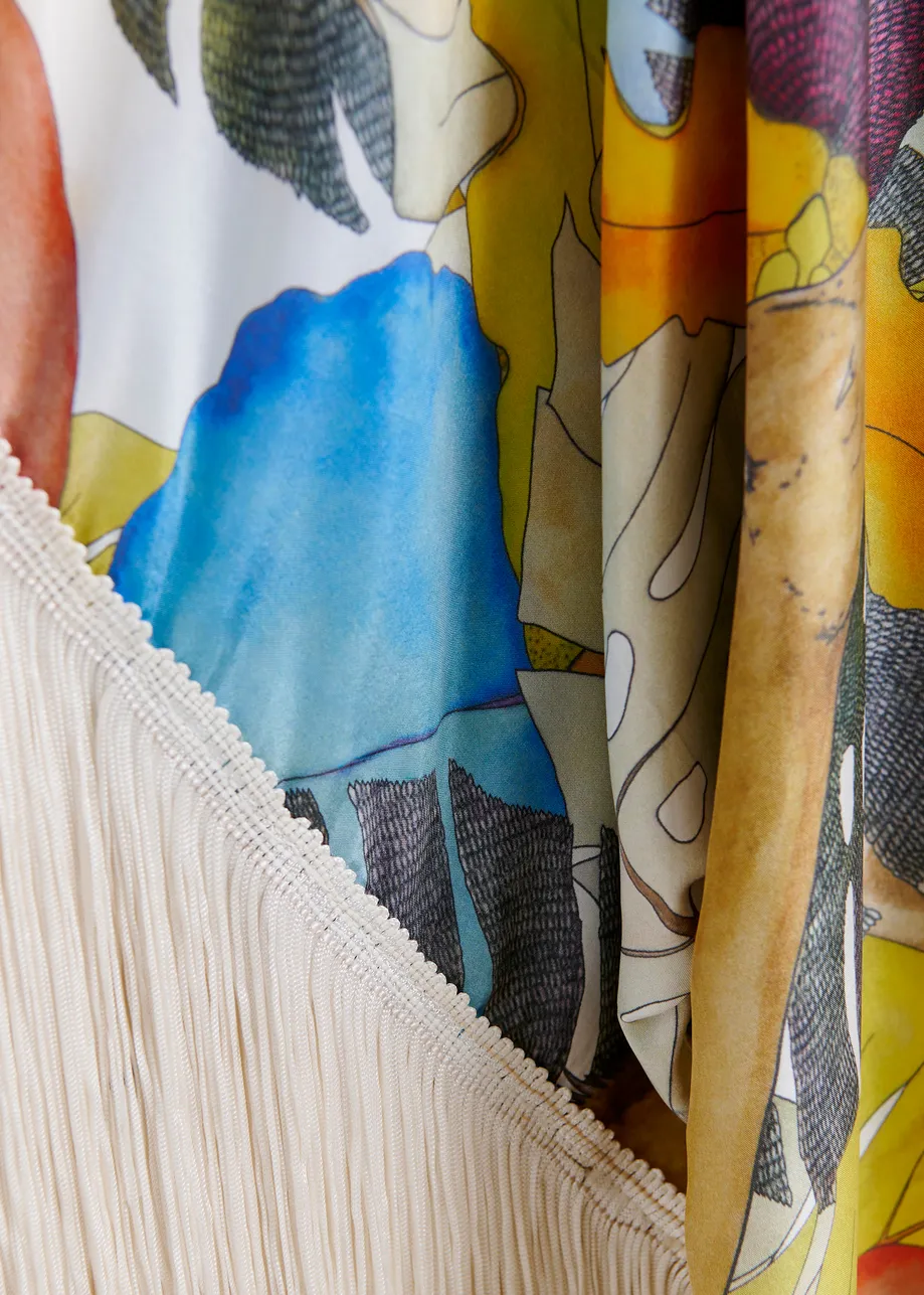 Multicolor silk kimono with fringe details