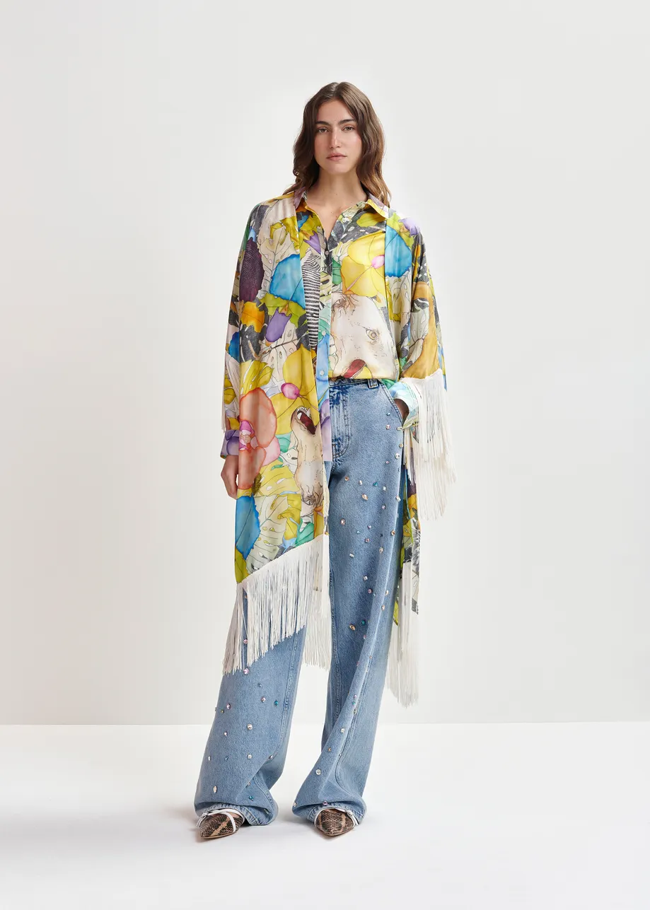 Multicolor silk kimono with fringe details