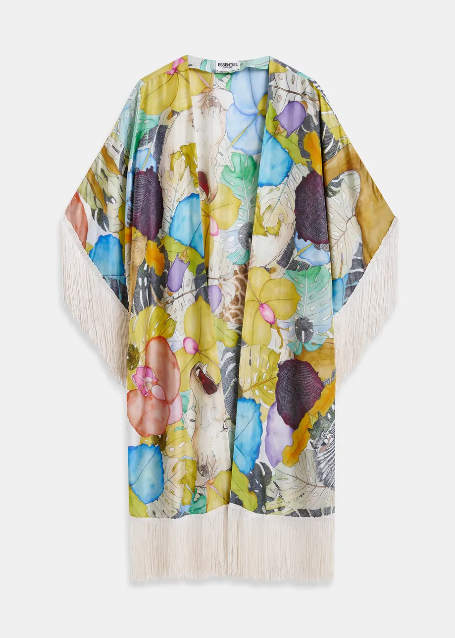Mehrfarbiger Seidenkimono mit Fransen