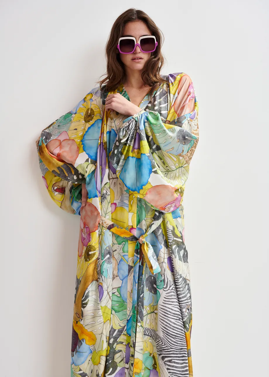 Multicolor silk ankle-length dress
