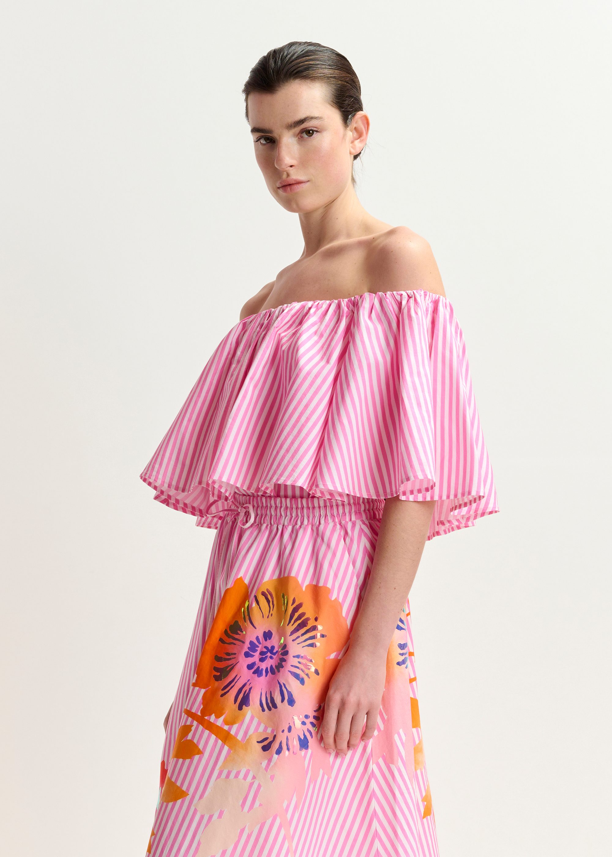 Pink and white striped off the shoulder blouse | Essentiel Antwerp