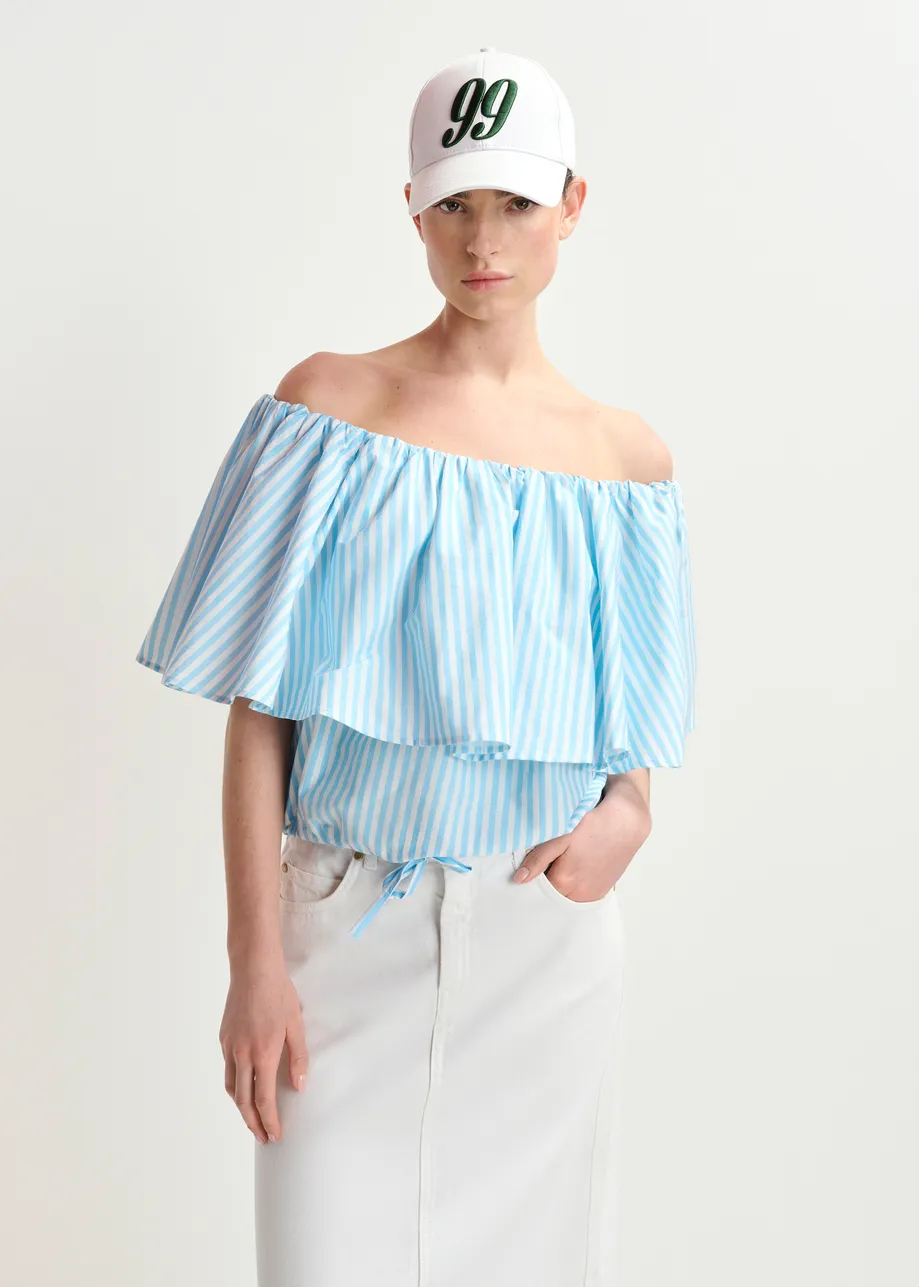 Blusa de rayas con hombros al descubierto, blanco y azul