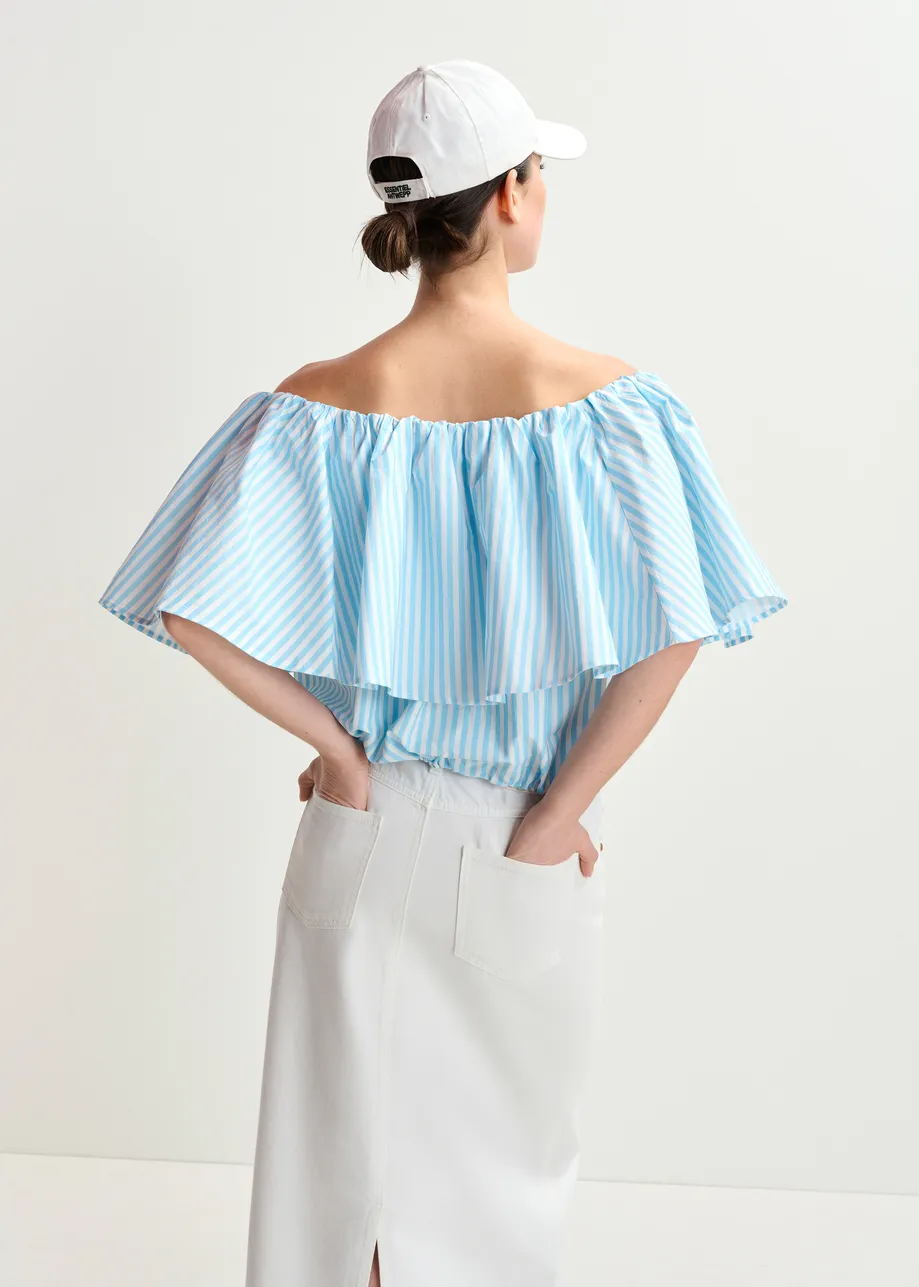 White and blue striped off the shoulder blouse