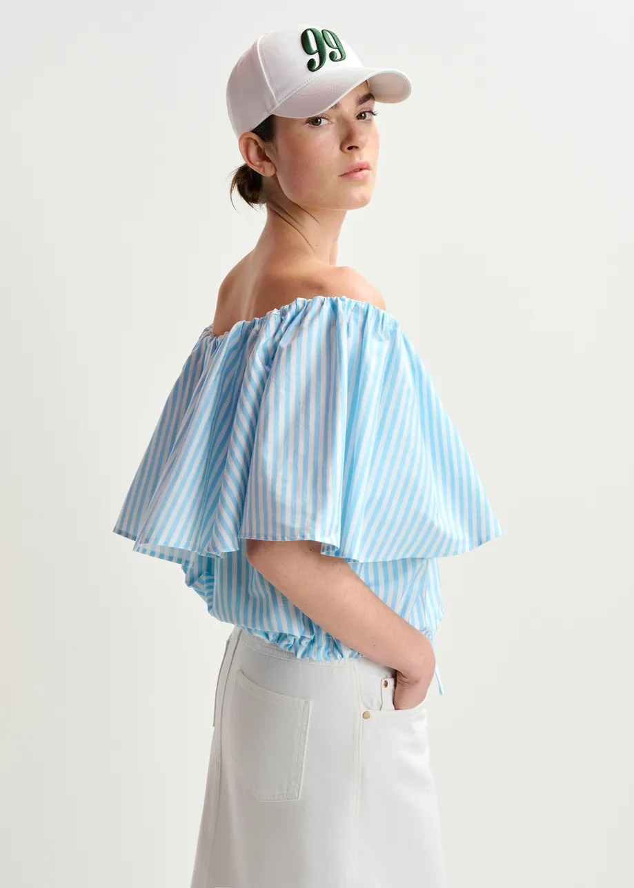 Blouse à épaules dénudées et rayures blanche et bleue