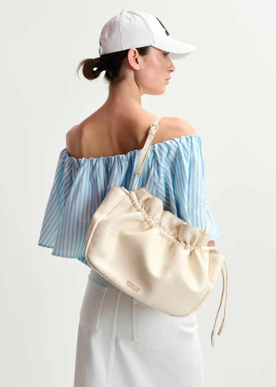 White and blue striped off the shoulder blouse