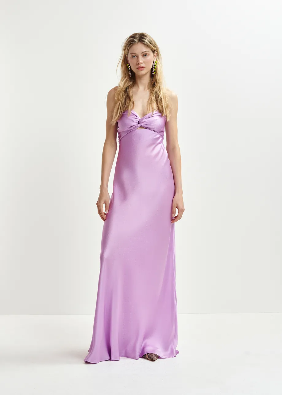 Vestido largo de satén sin tirantes, lila