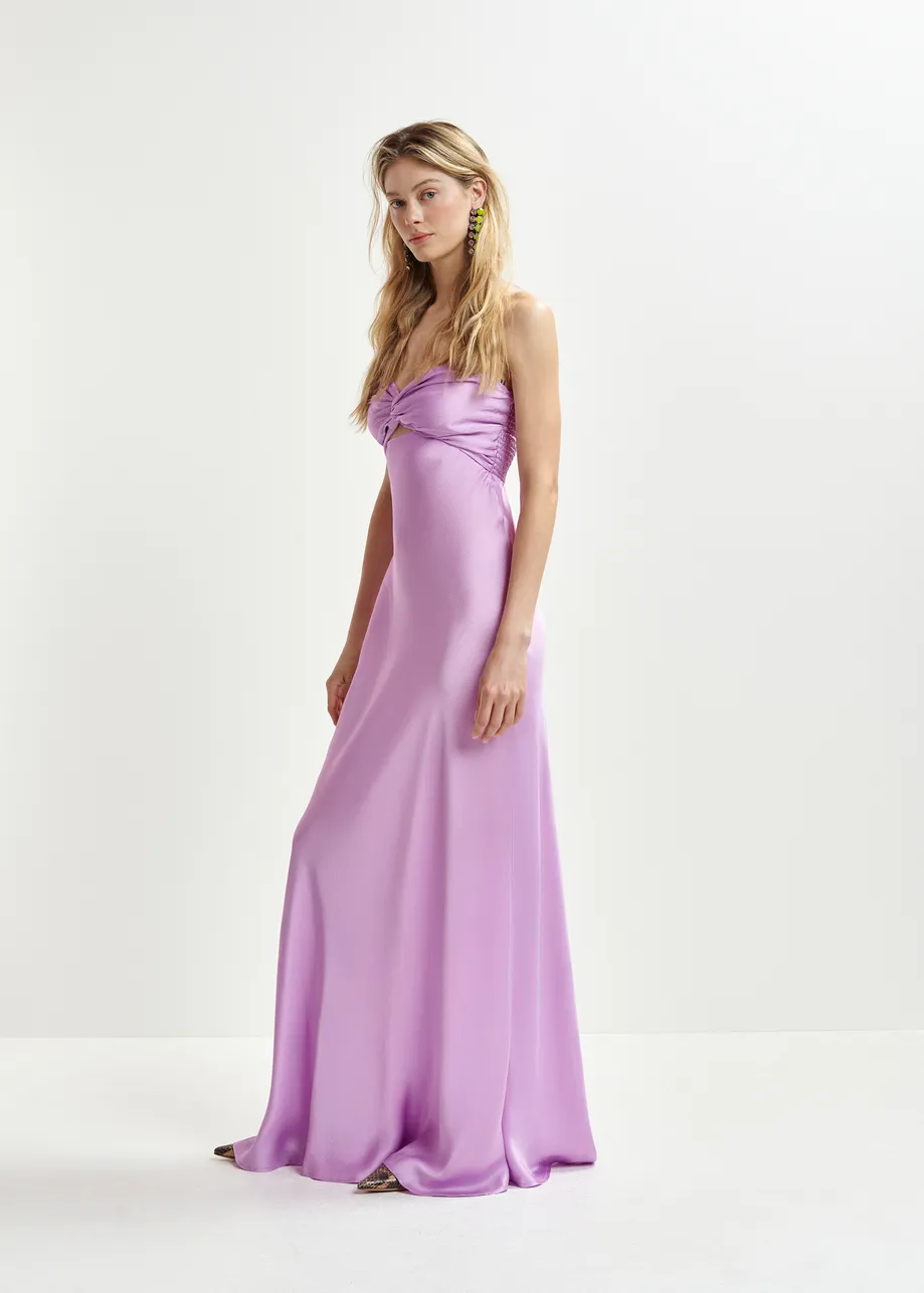 Lilac strapless satin maxi-length dress