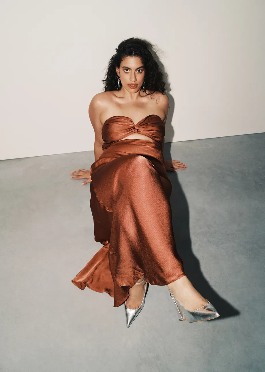 Brown strapless satin maxi-length dress