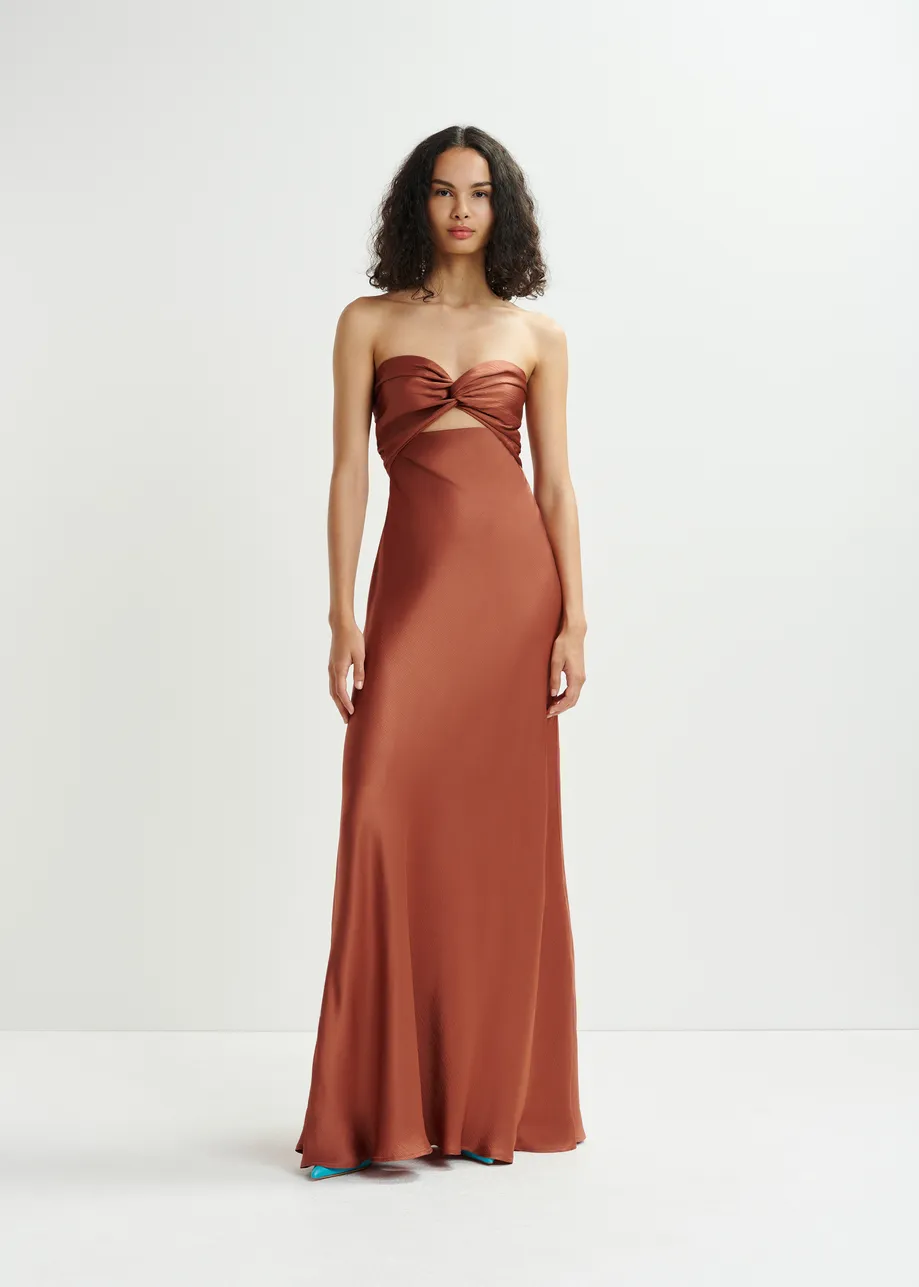 Brown strapless satin maxi-length dress