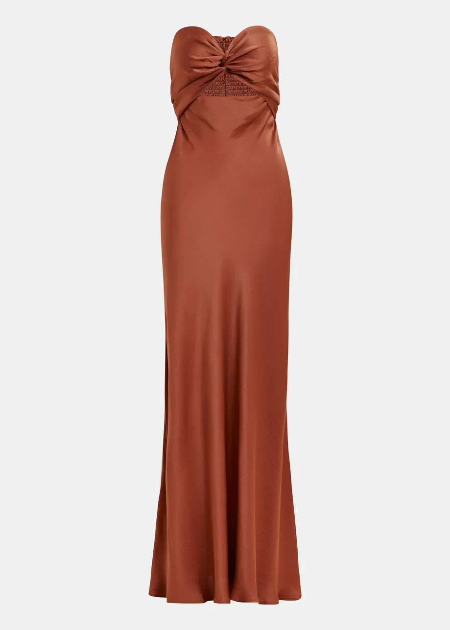 Brown strapless satin maxi-length dress