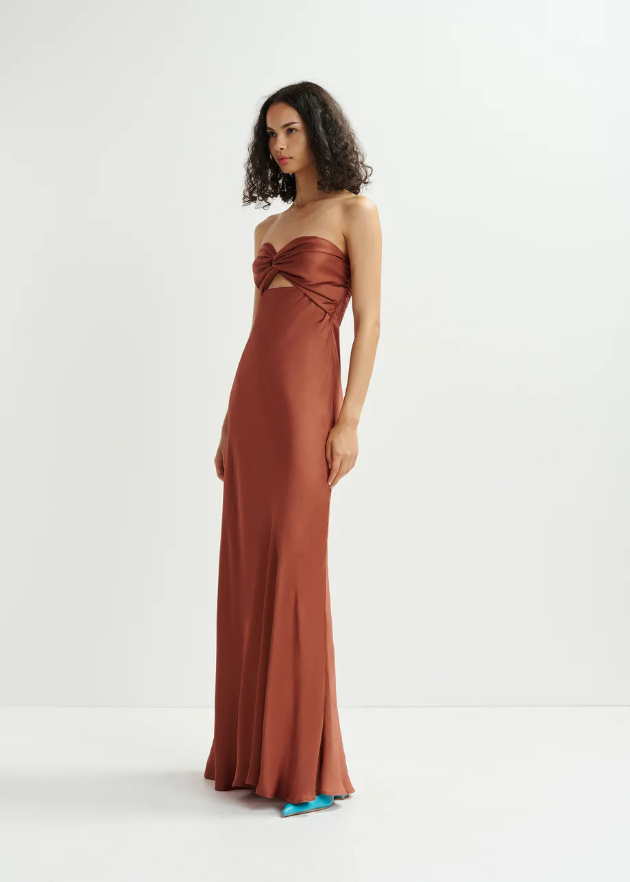 Brown strapless satin maxi-length dress