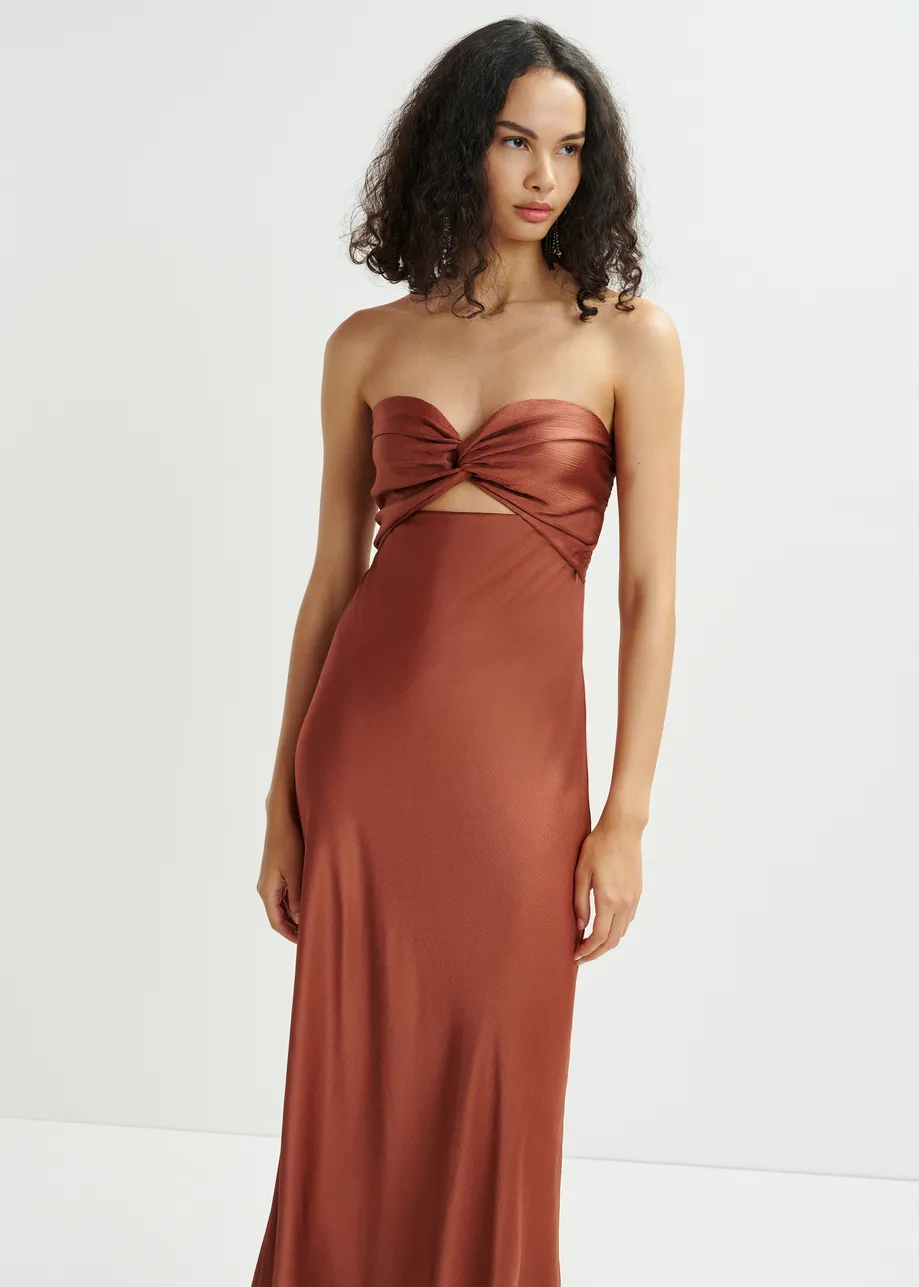 Brown strapless satin maxi-length dress