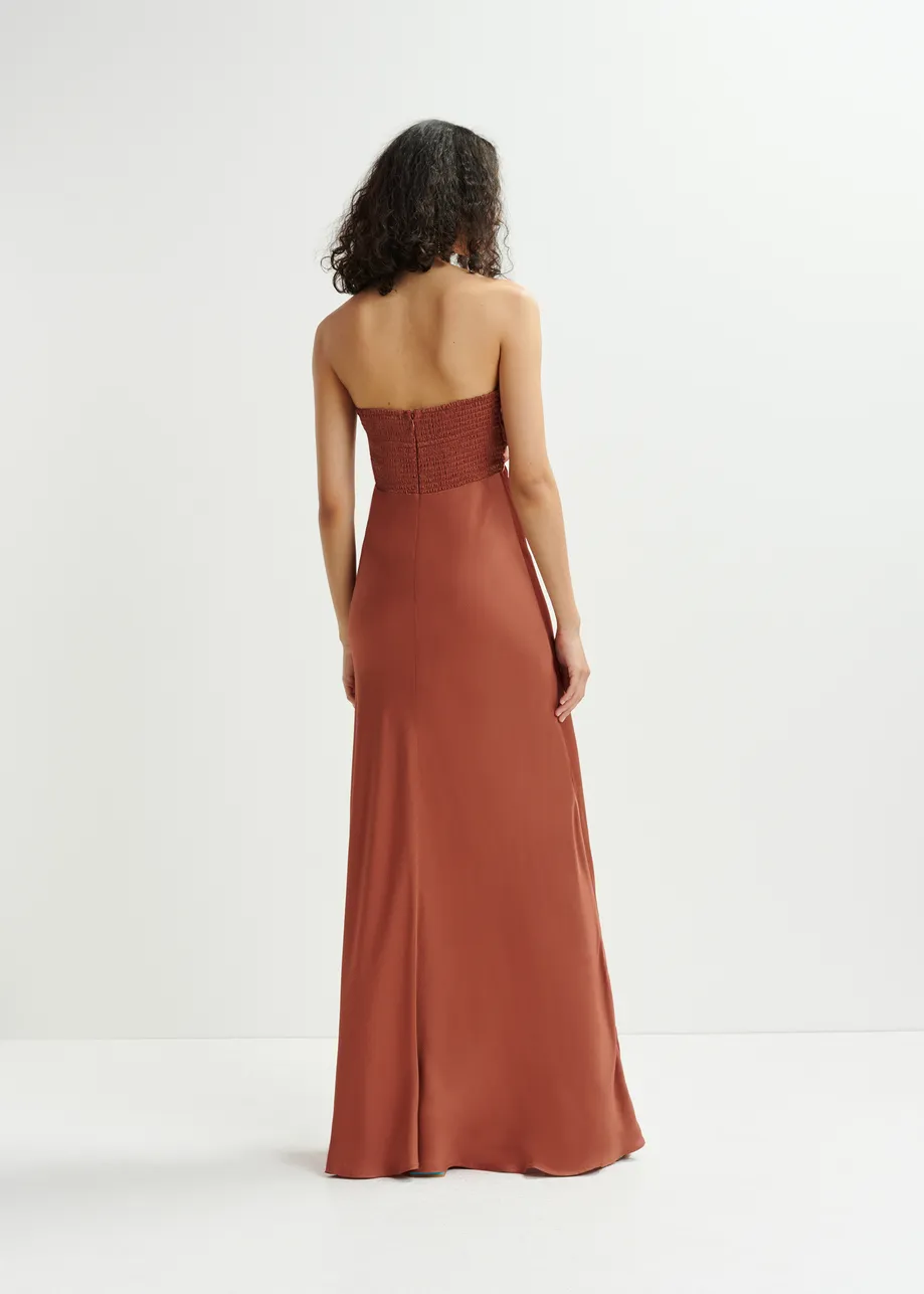 Brown strapless satin maxi-length dress