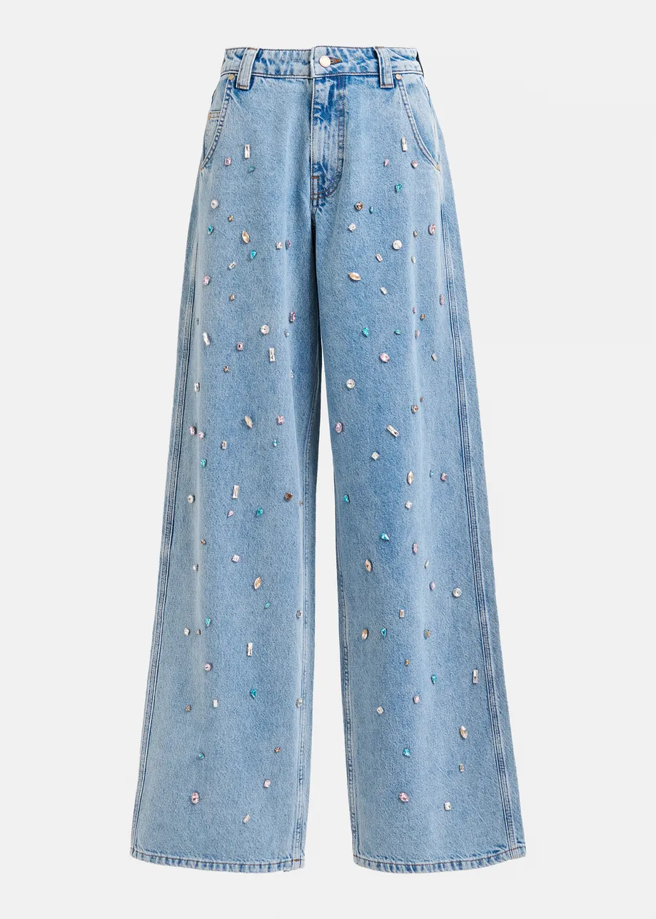 Blauwe jeans met hoge taille en stras