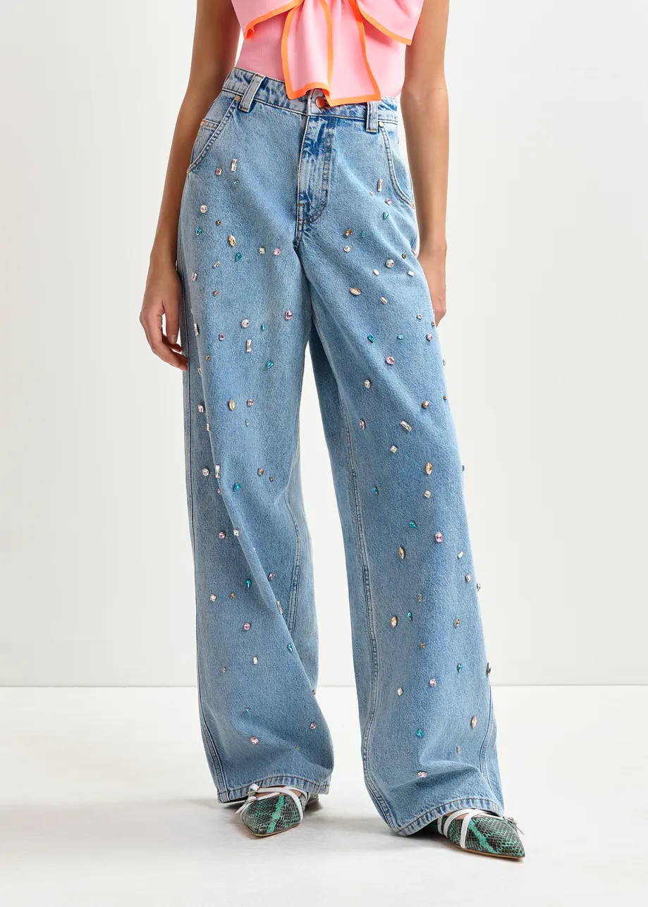 Blauwe jeans met hoge taille en stras
