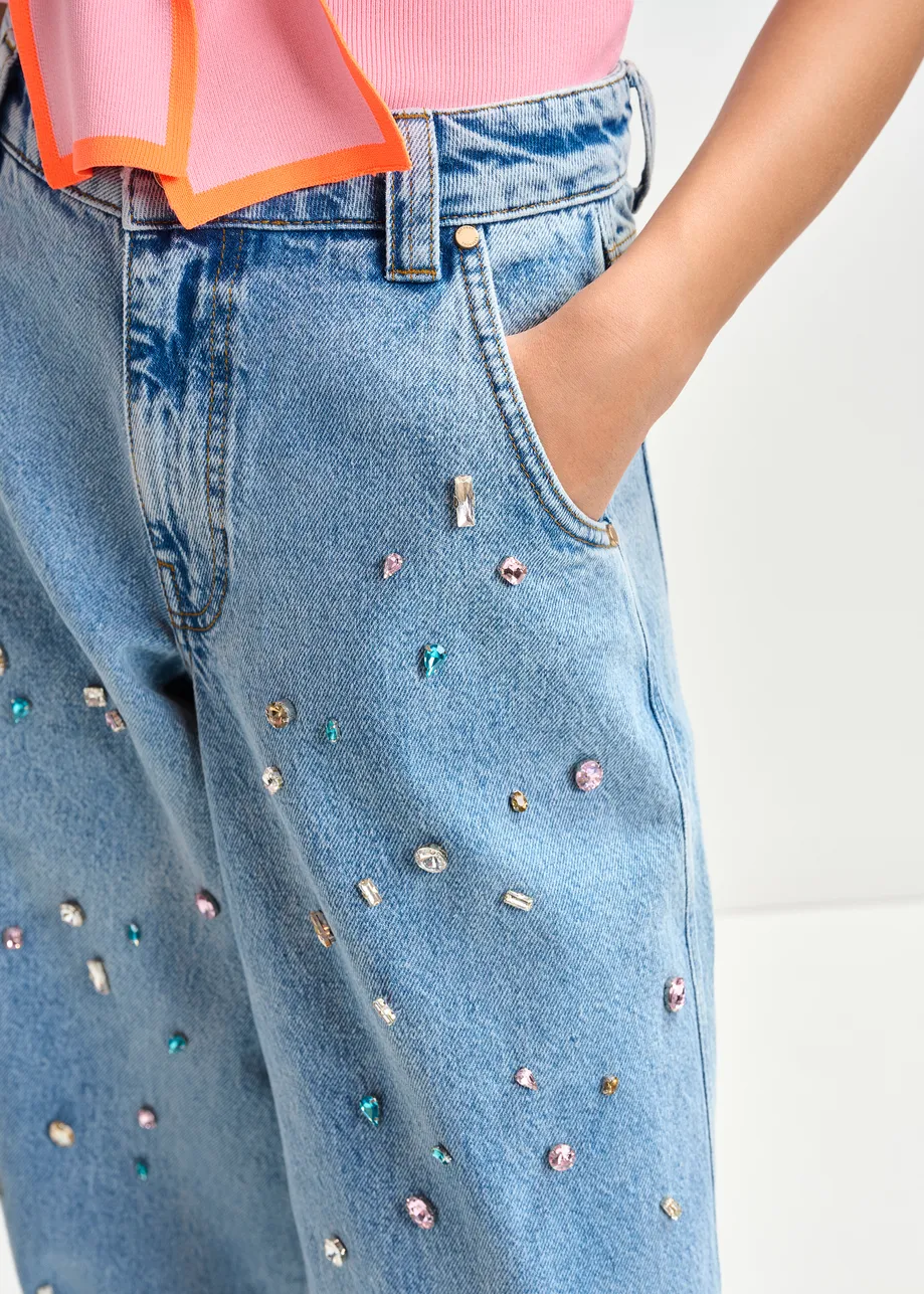 Blauwe jeans met hoge taille en stras